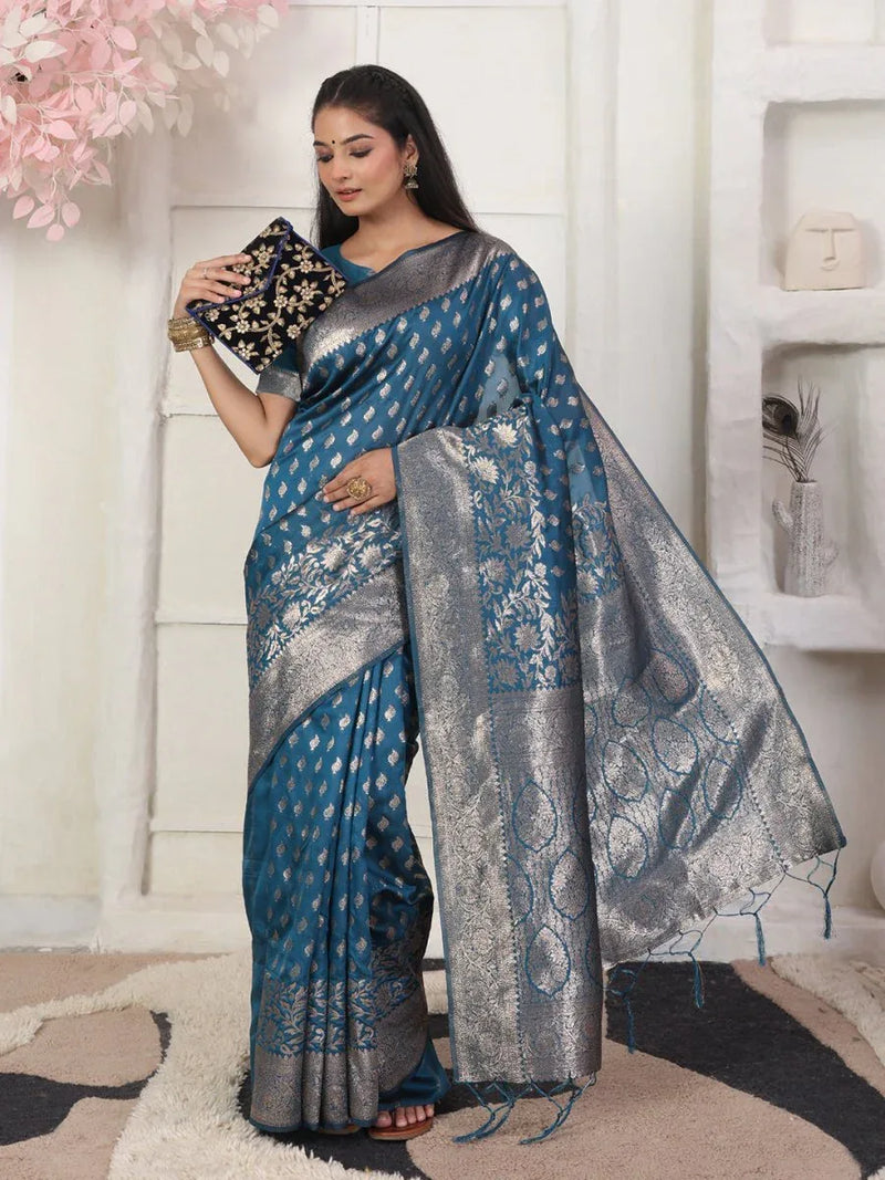 Blue Lichi Silk Saree With Blouse Piece - EZBER