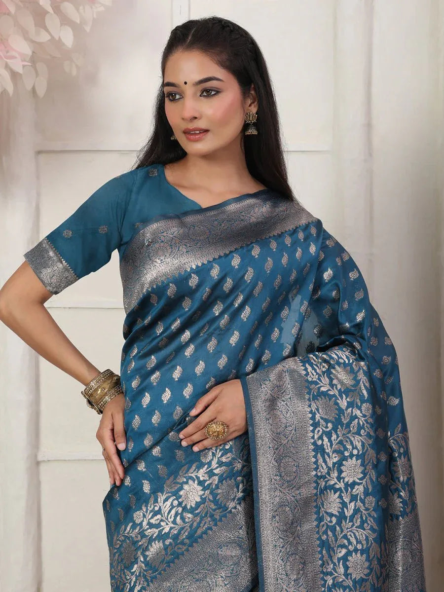 Blue Lichi Silk Saree With Blouse Piece - EZBER