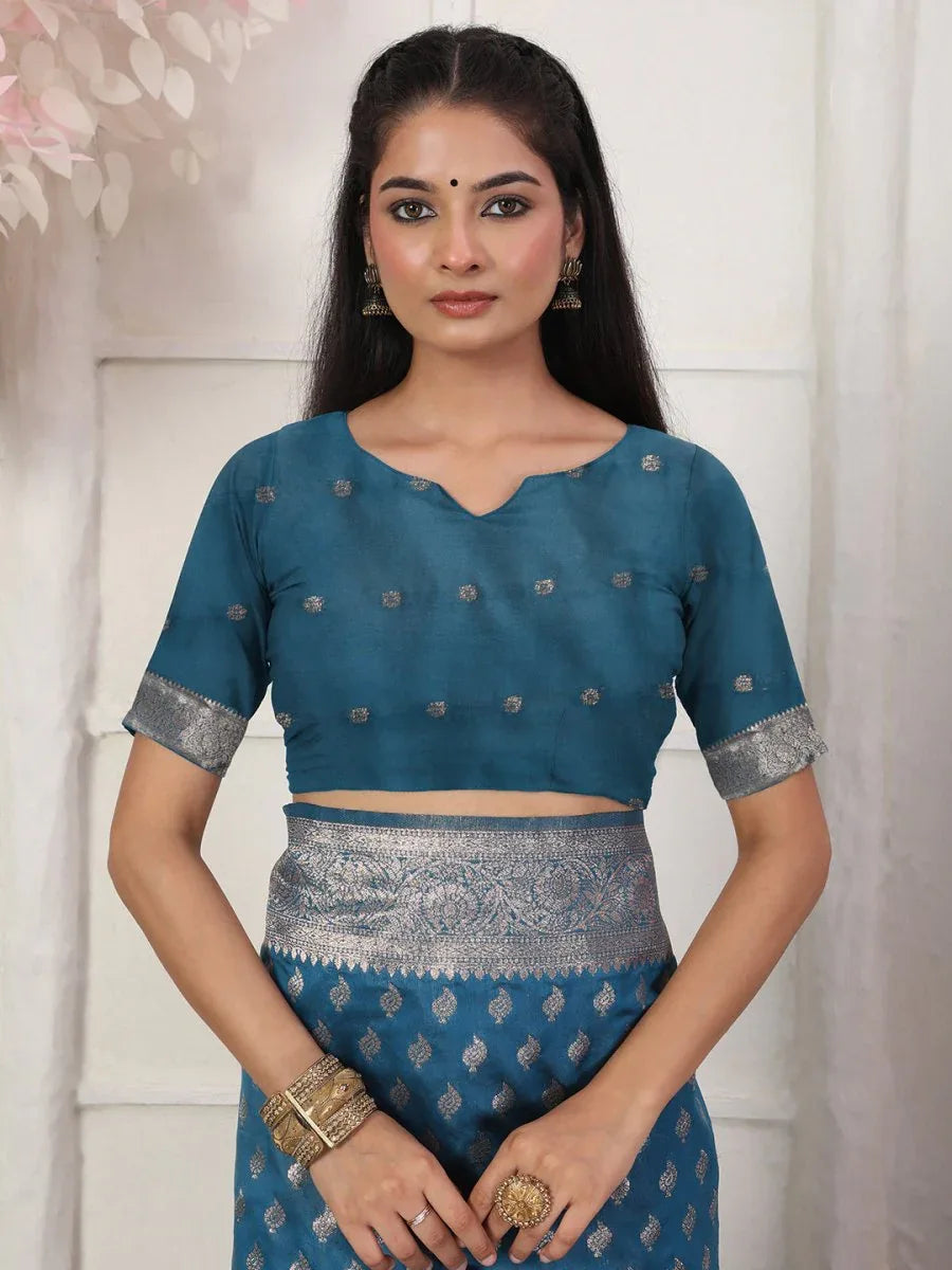 Blue Lichi Silk Saree With Blouse Piece - EZBER