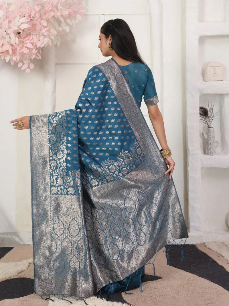 Blue Lichi Silk Saree With Blouse Piece - EZBER