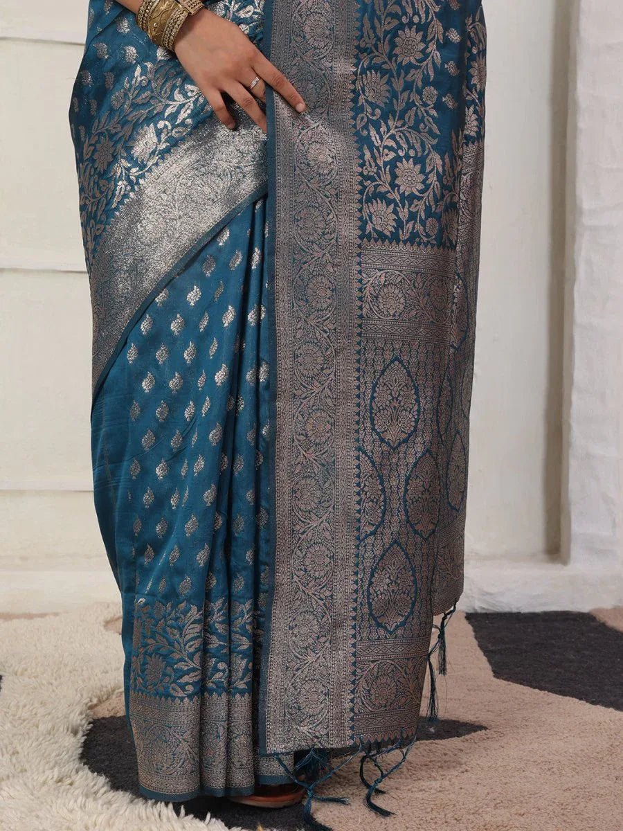 Blue Lichi Silk Saree With Blouse Piece - EZBER