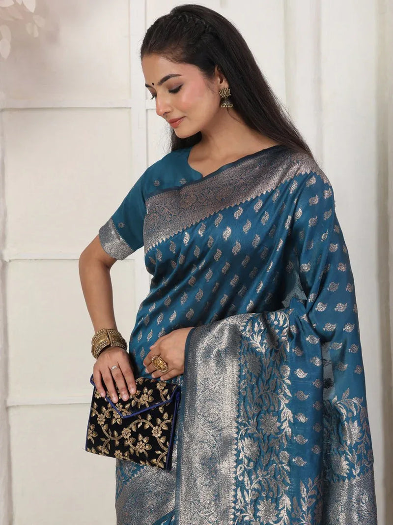 Blue Lichi Silk Saree With Blouse Piece - EZBER