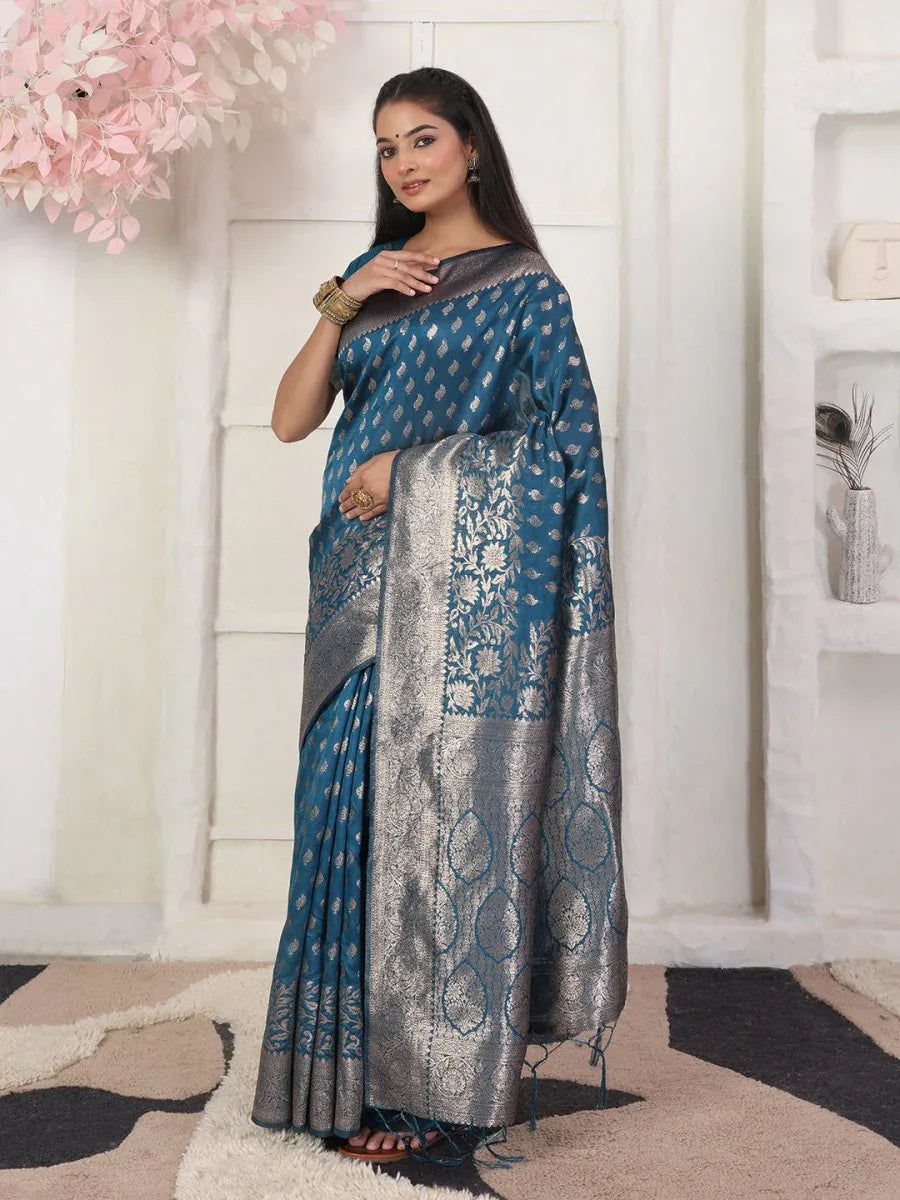Blue Lichi Silk Saree With Blouse Piece - EZBER