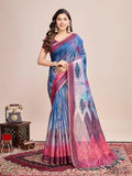 Blue Linen Blend Saree With Blouse Piece - EZBER