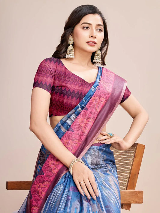 Blue Linen Blend Saree With Blouse Piece - EZBER
