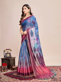 Blue Linen Blend Saree With Blouse Piece - EZBER