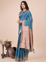 Blue Linen Cotton Brocade Saree | EZB SI04 ASTAR1002