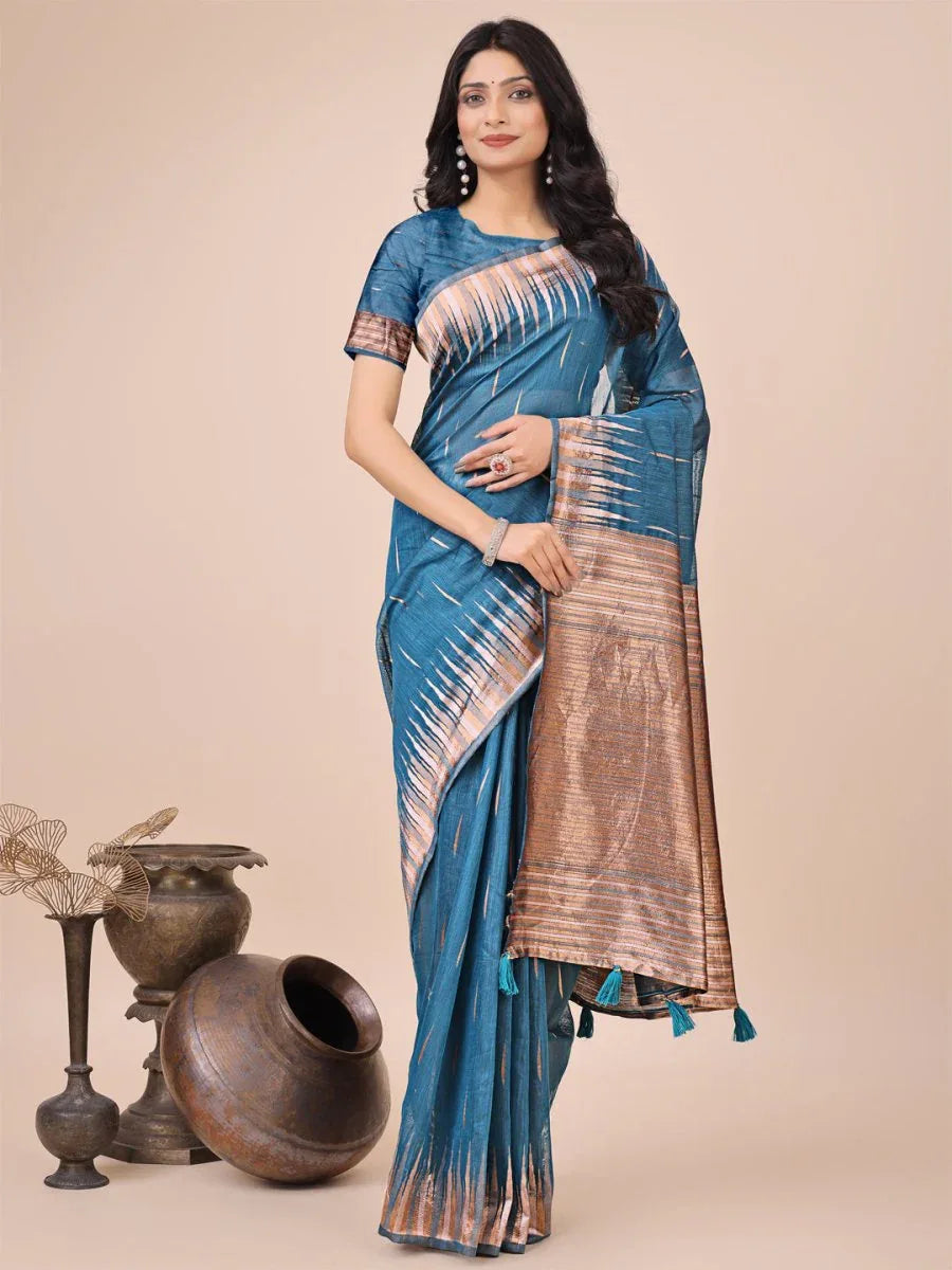 Blue Linen Cotton Saree With Blouse Piece - EZBER
