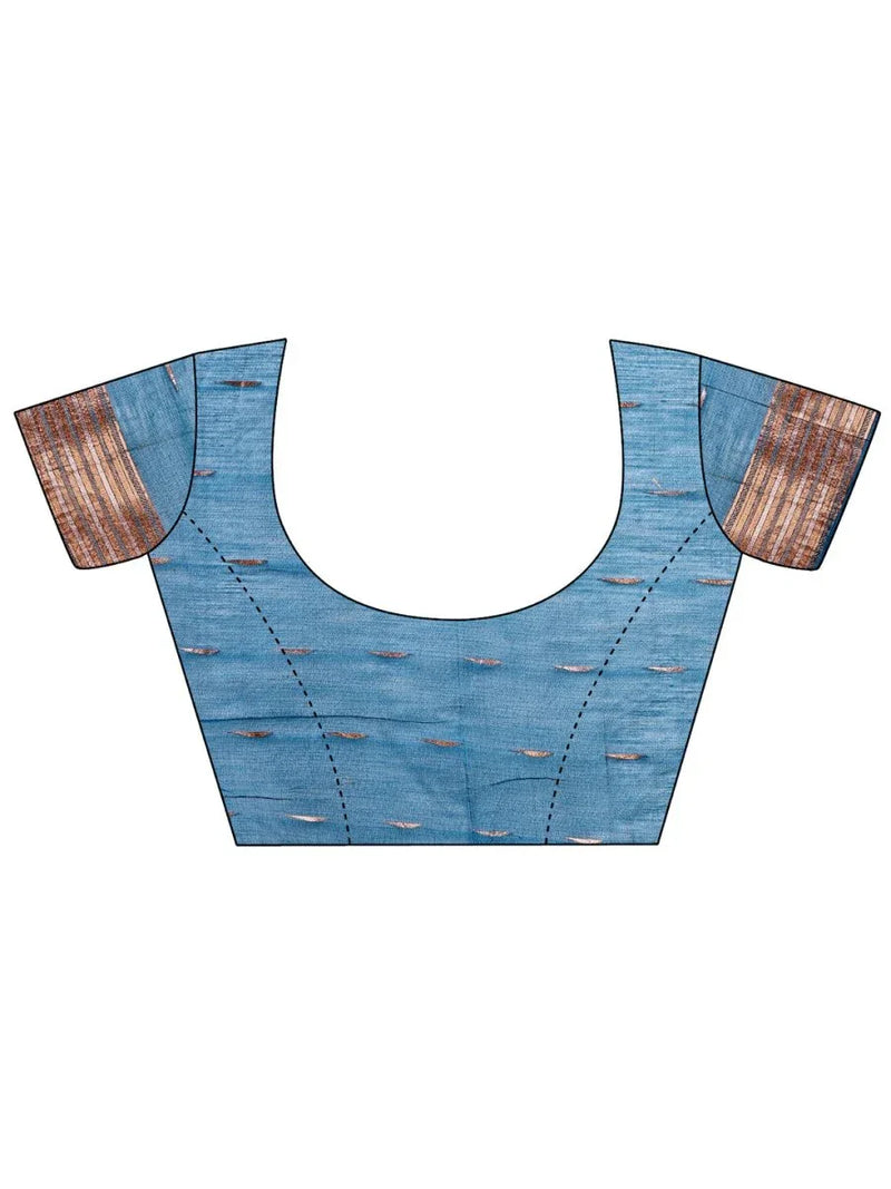 Blue Linen Cotton Saree With Blouse Piece - EZBER