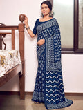Blue Mulmul Cottons Saree With Blouse Piece - EZBER