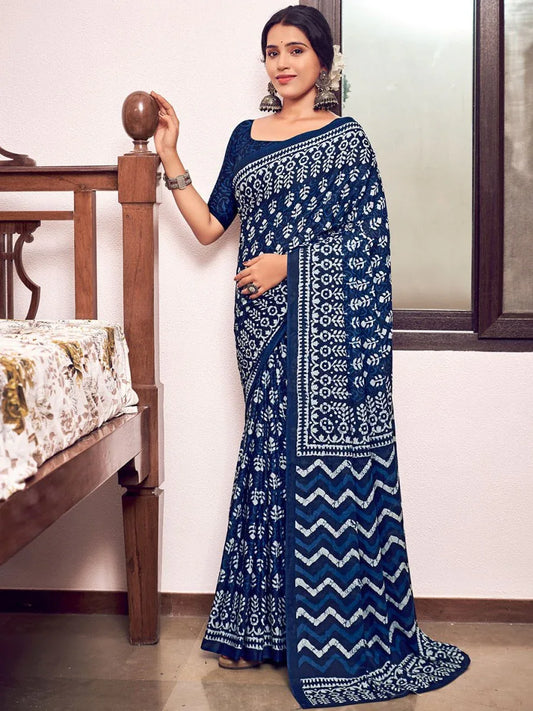 Blue Mulmul Cottons Saree With Blouse Piece - EZBER
