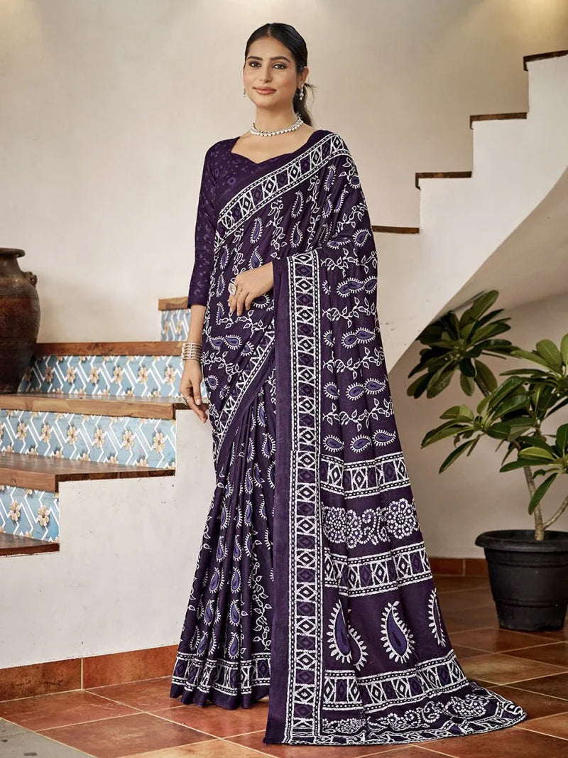 Blue Mulmul Cottons Saree With Blouse Piece - EZBER