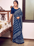 Blue Mulmul Cottons Saree With Blouse Piece - EZBER