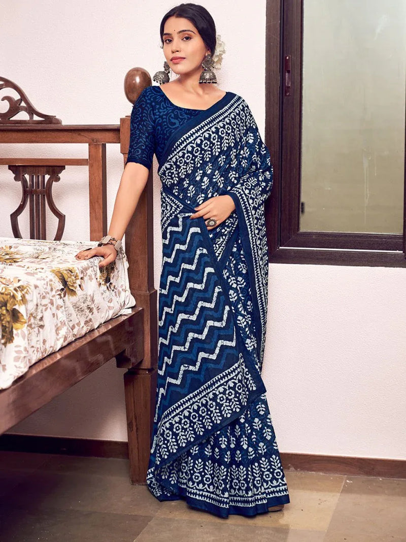 Blue Mulmul Cottons Saree With Blouse Piece - EZBER