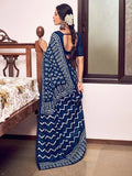 Blue Mulmul Cottons Saree With Blouse Piece - EZBER