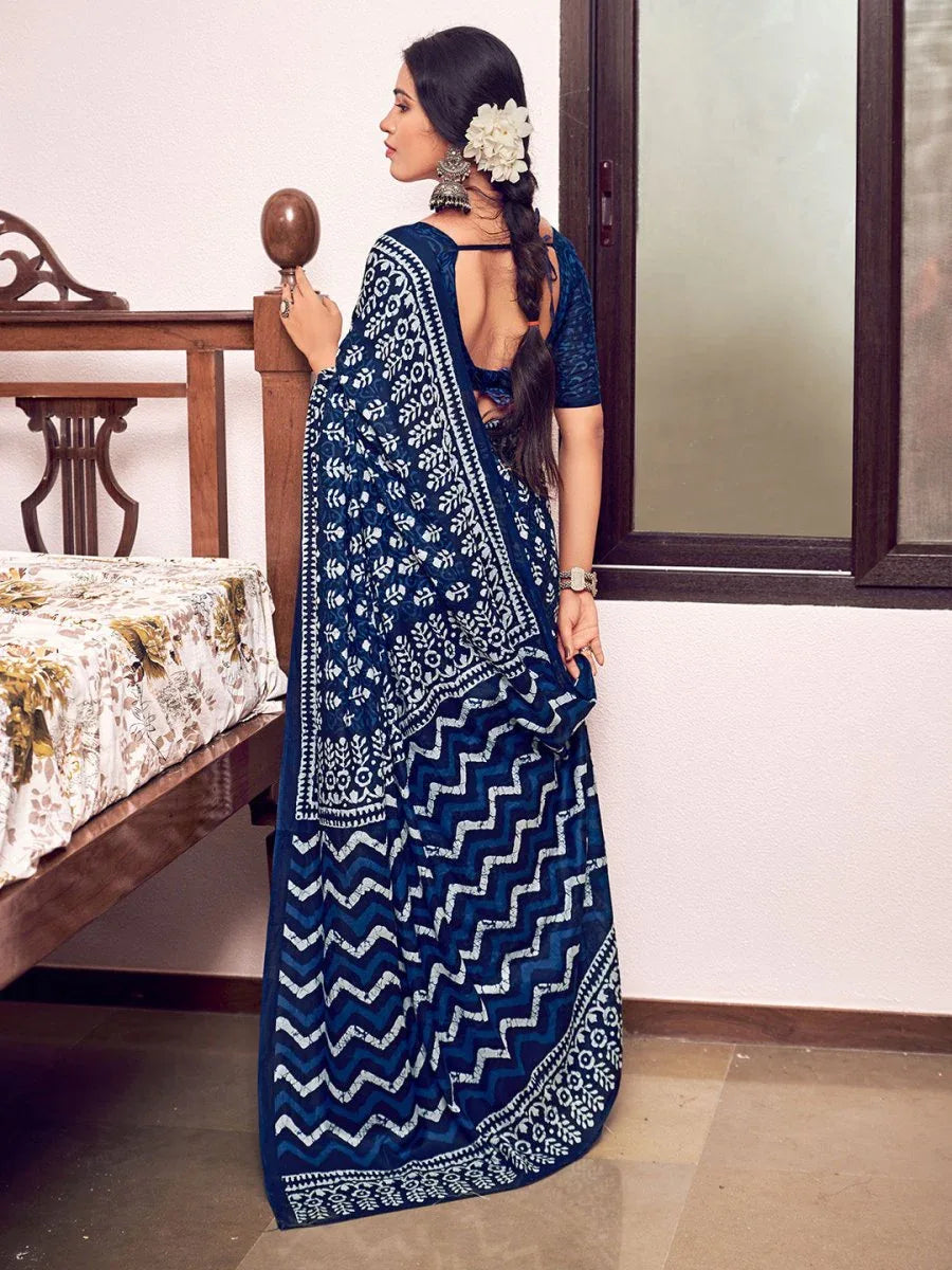 Blue Mulmul Cottons Saree With Blouse Piece - EZBER