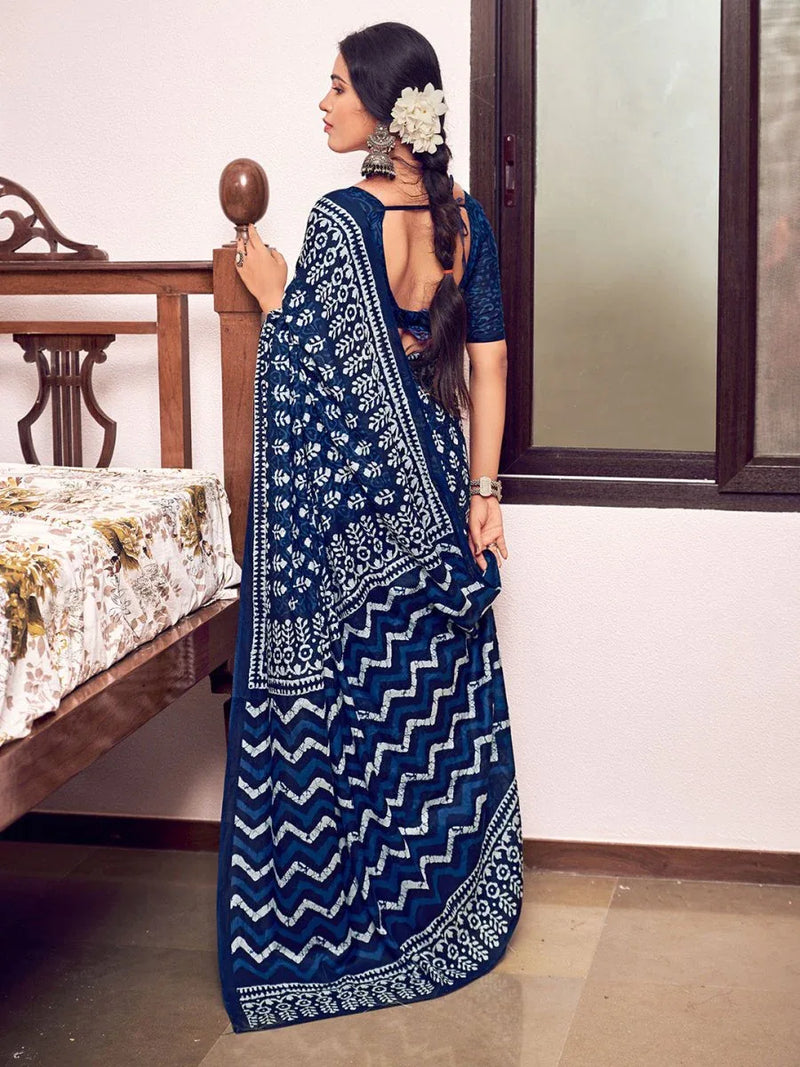 Blue Mulmul Cottons Saree With Blouse Piece - EZBER