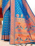 Blue Paithani Silk Saree With Blouse Piece - EZBER