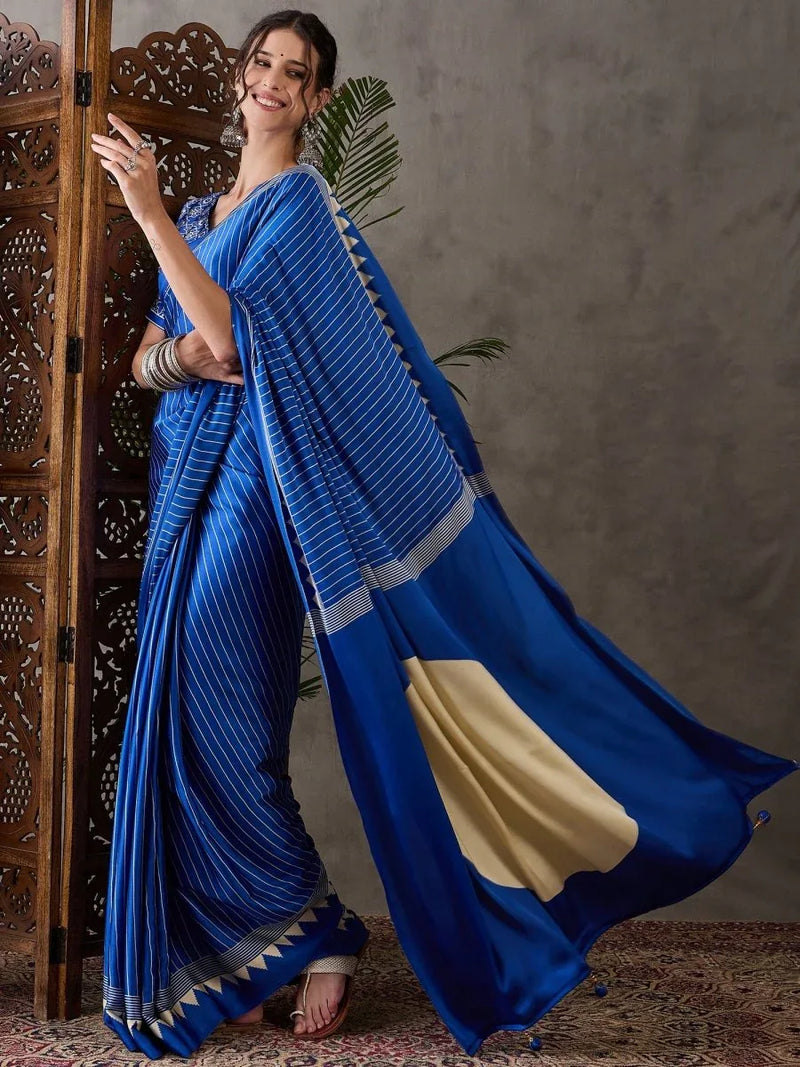 Blue Semi Modal Saree With Blouse Piece - EZBER