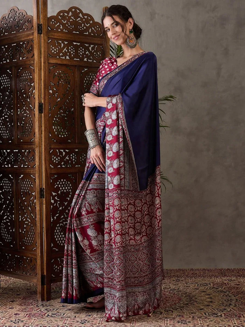 Blue Semi Modal Saree With Blouse Piece - EZBER
