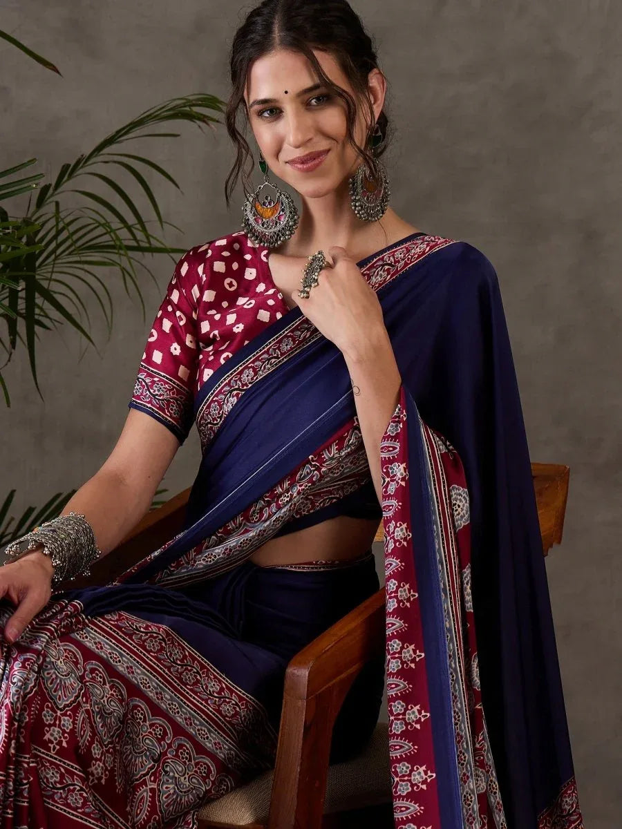 Blue Semi Modal Saree With Blouse Piece - EZBER