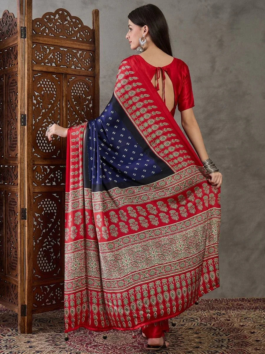 Blue Semi Modal Saree With Blouse Piece - EZBER