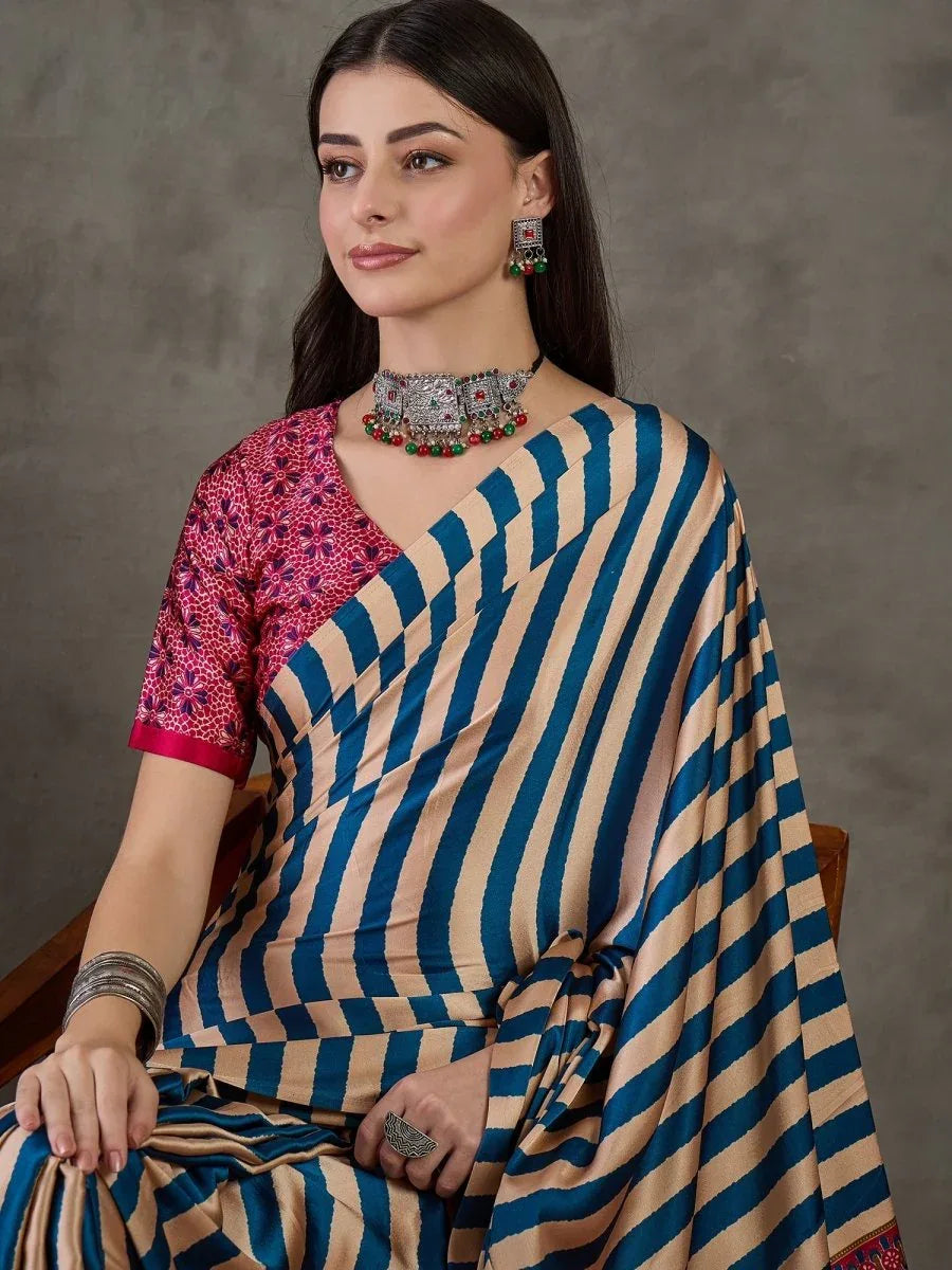 Blue Semi Modal Saree With Blouse Piece - EZBER