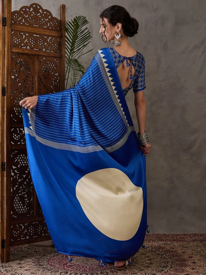 Blue Semi Modal Saree With Blouse Piece - EZBER