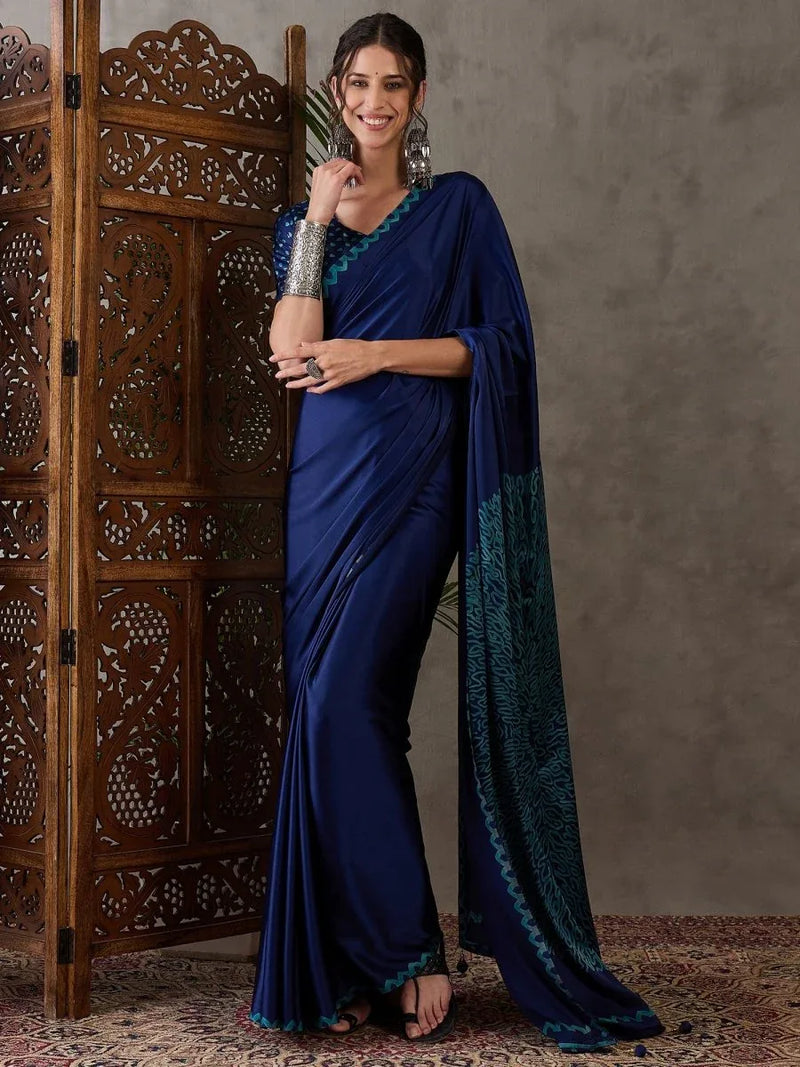 Blue Semi Modal Saree With Blouse Piece - EZBER