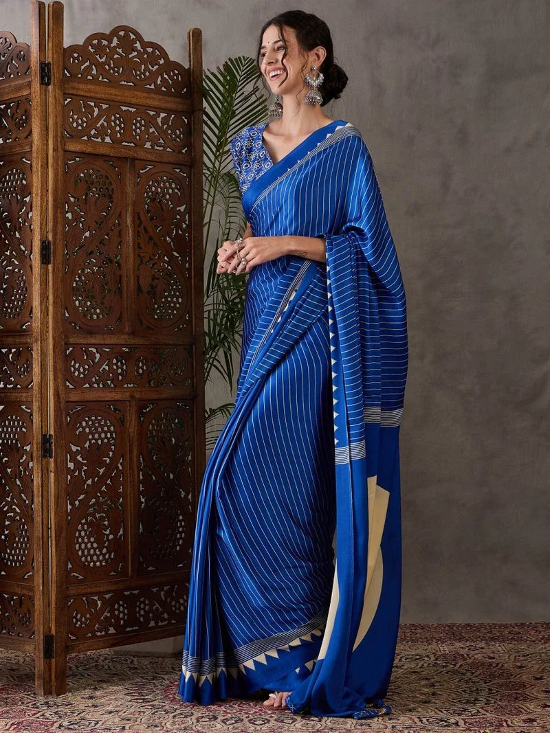 Blue Semi Modal Saree With Blouse Piece - EZBER