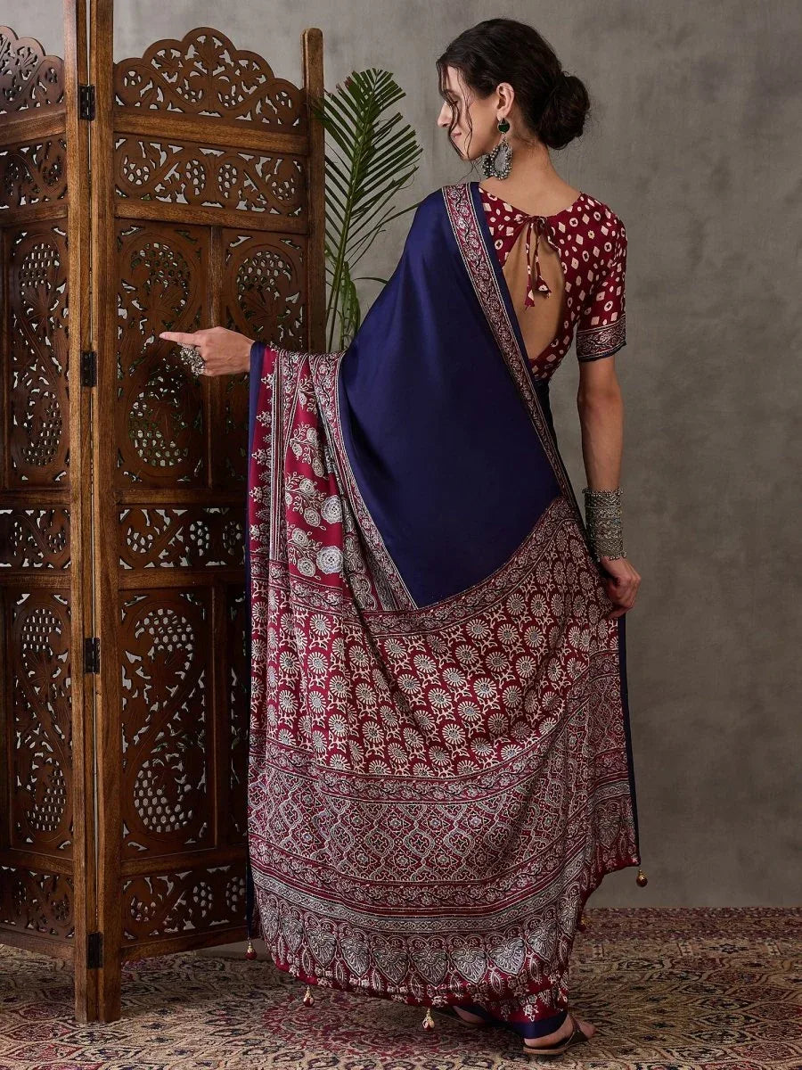 Blue Semi Modal Saree With Blouse Piece - EZBER