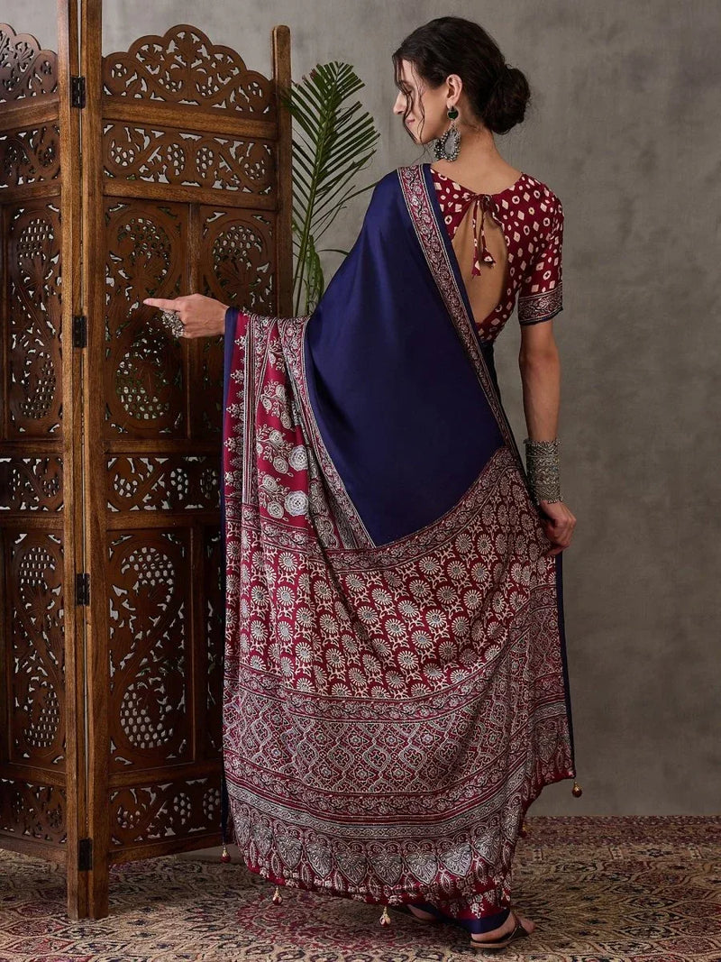 Blue Semi Modal Saree With Blouse Piece - EZBER