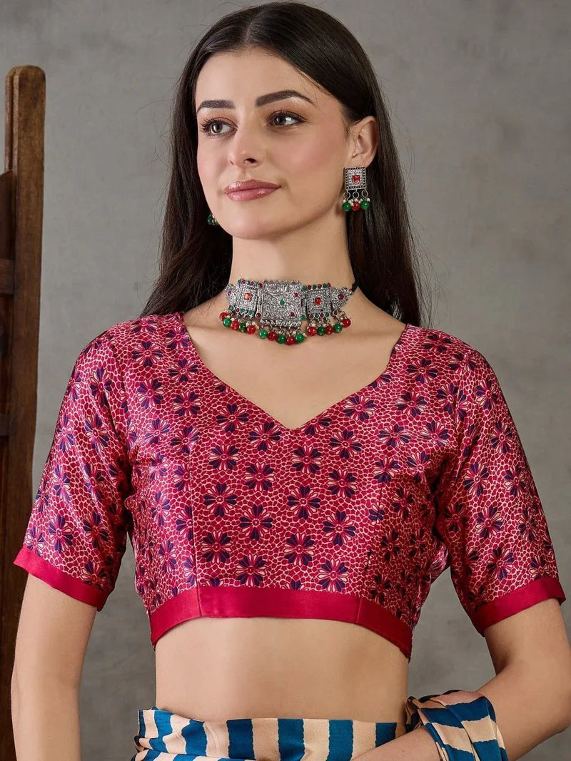 Blue Semi Modal Saree With Blouse Piece - EZBER