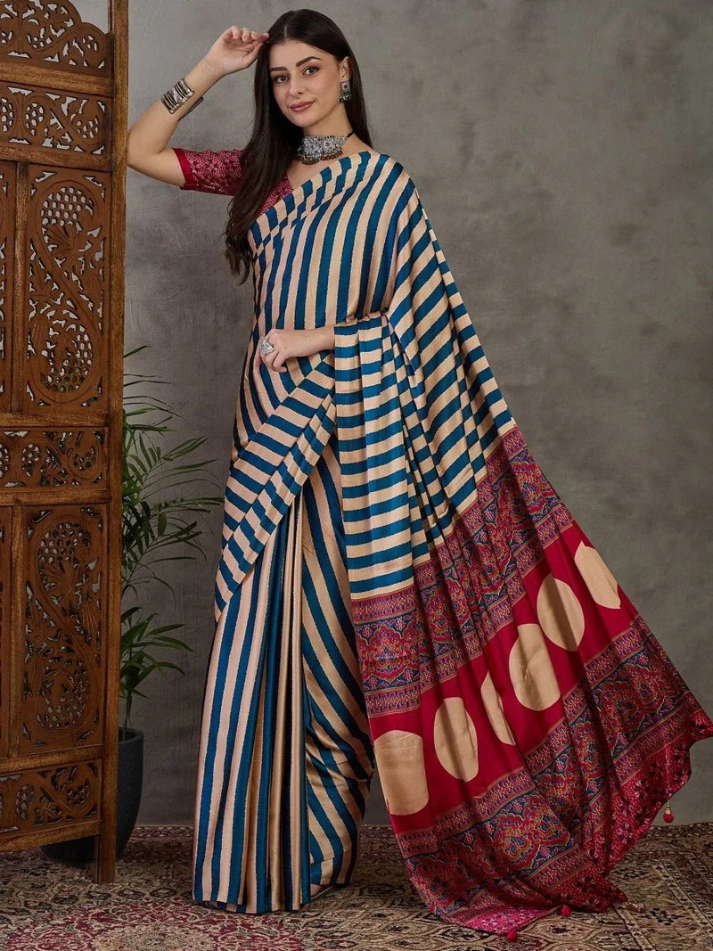 Blue Semi Modal Saree With Blouse Piece - EZBER