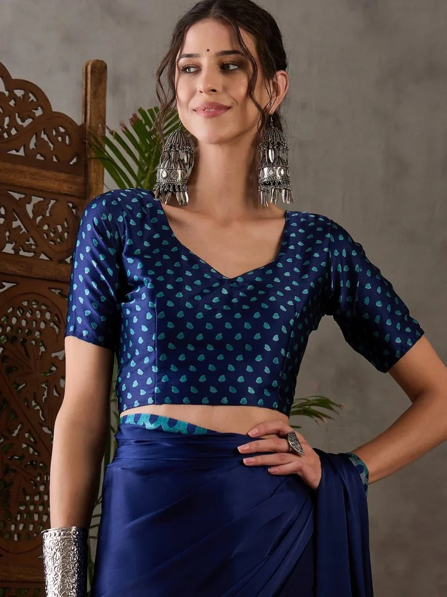 Blue Semi Modal Saree With Blouse Piece - EZBER