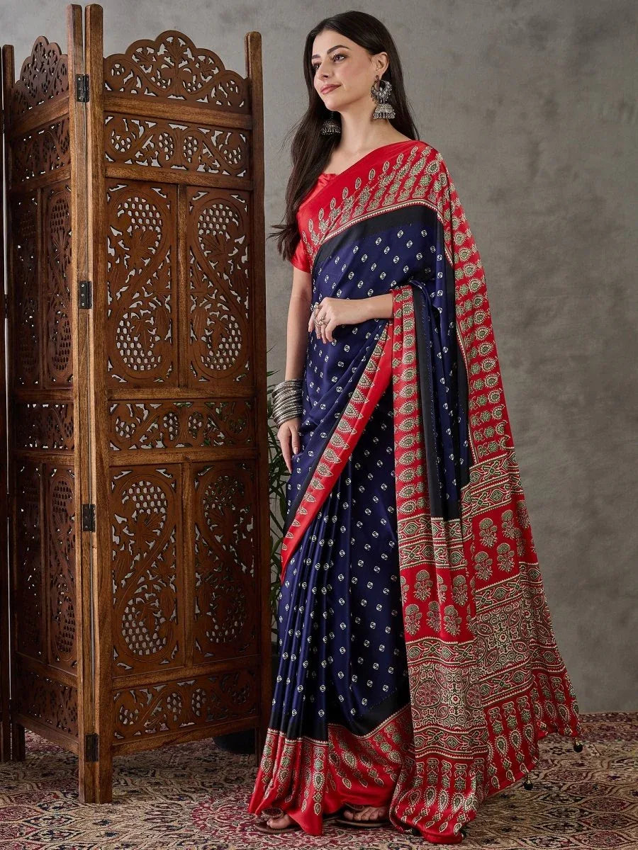 Blue Semi Modal Saree With Blouse Piece - EZBER