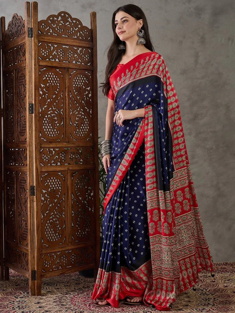 Blue Semi Modal Saree With Blouse Piece - EZBER