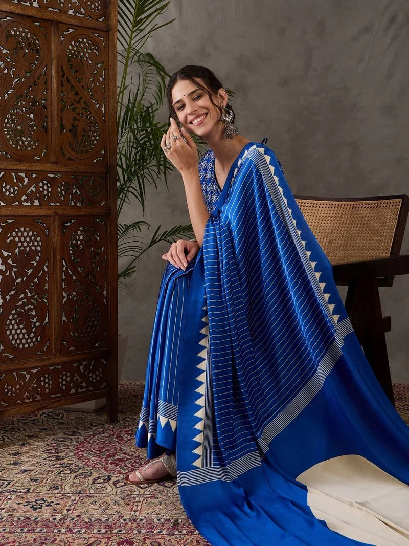Blue Semi Modal Saree With Blouse Piece - EZBER
