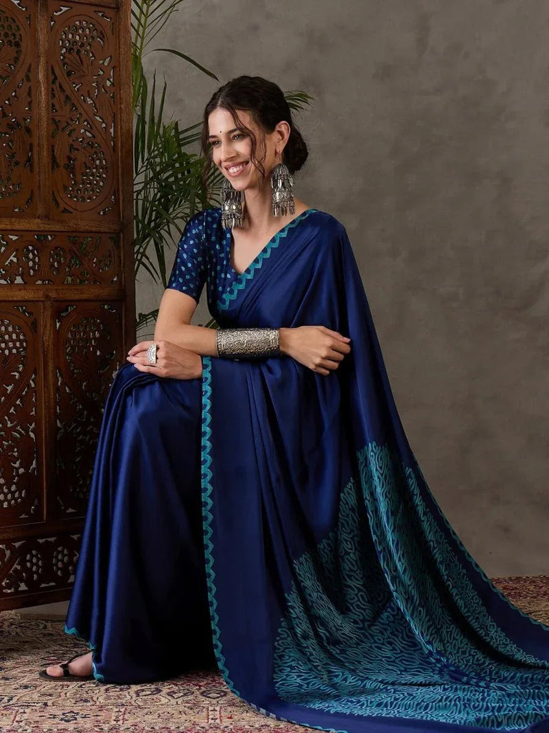 Blue Semi Modal Saree with Blouse Piece  | EZBER