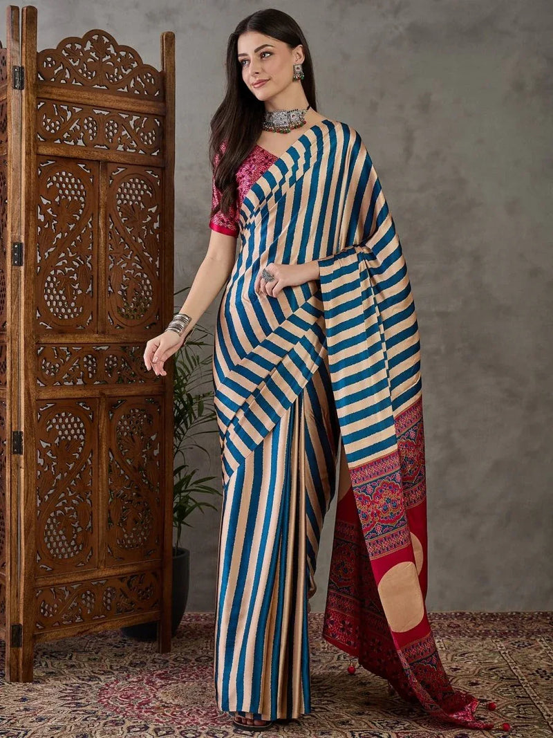 Blue Semi Modal Saree With Blouse Piece - EZBER