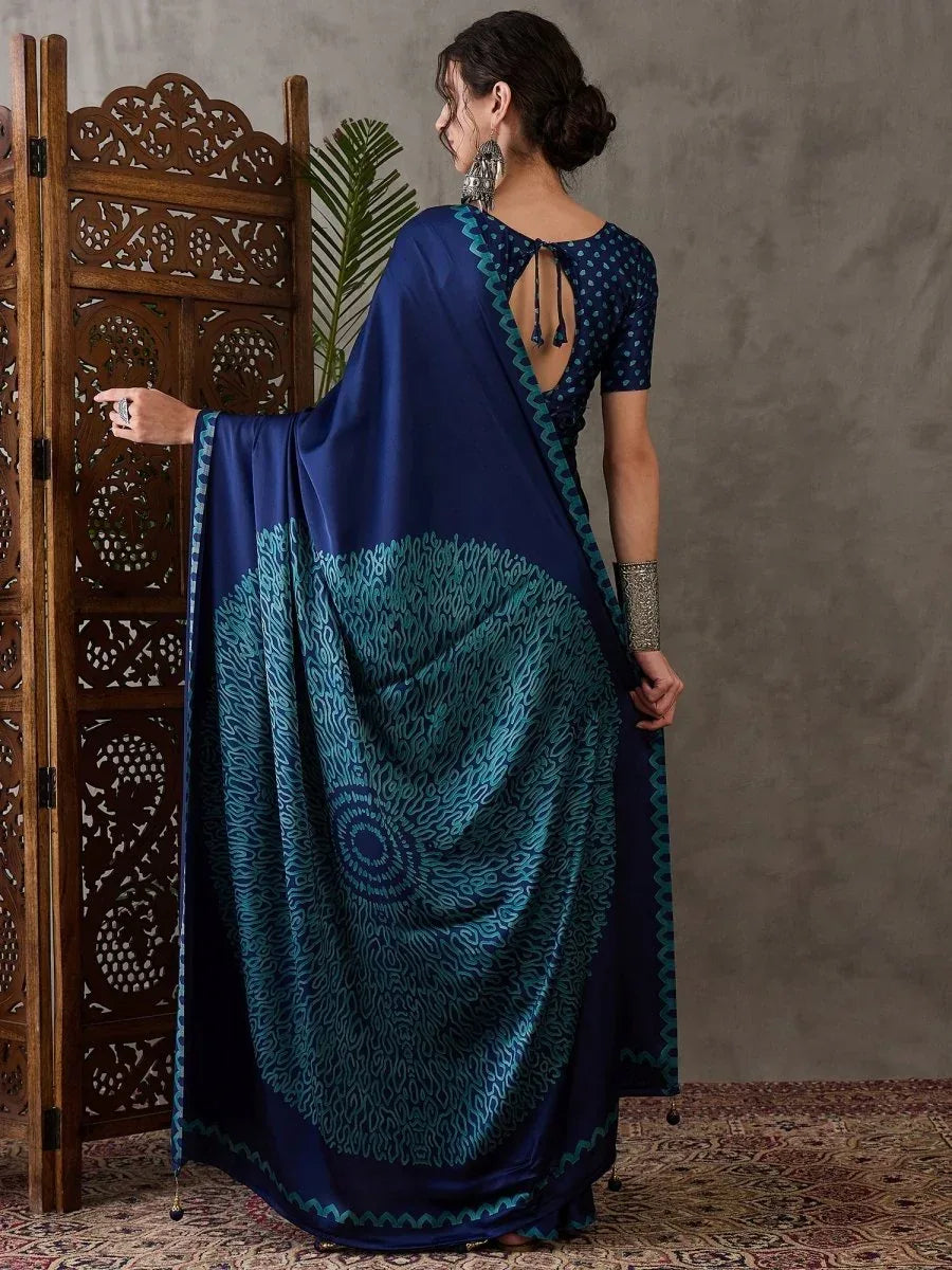 Blue Semi Modal Saree with Blouse Piece  | EZBER