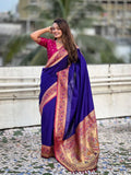 Blue Soft Silk Saree With Blouse Piece - EZBER