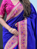 Blue Soft Silk Saree With Blouse Piece - EZBER