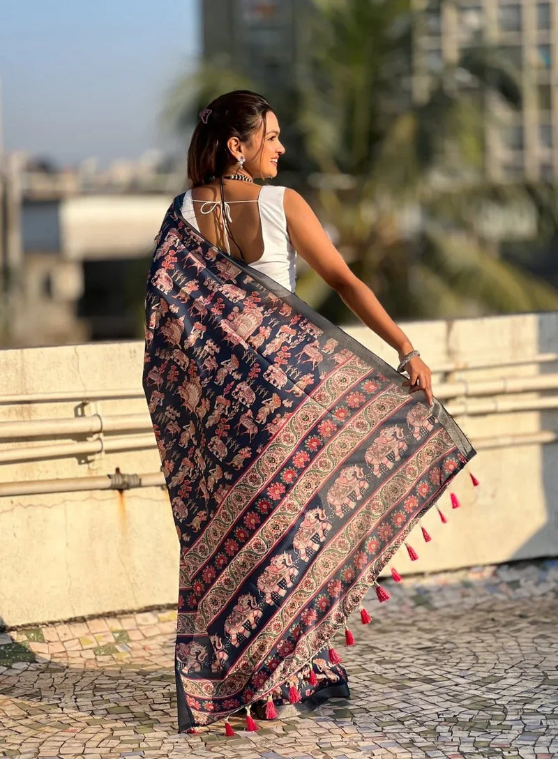 Blue Tussar Silk Saree With Blouse Piece - EZBER