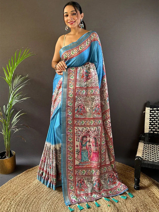 Blue Tussar Silk Saree With Blouse Piece - EZBER
