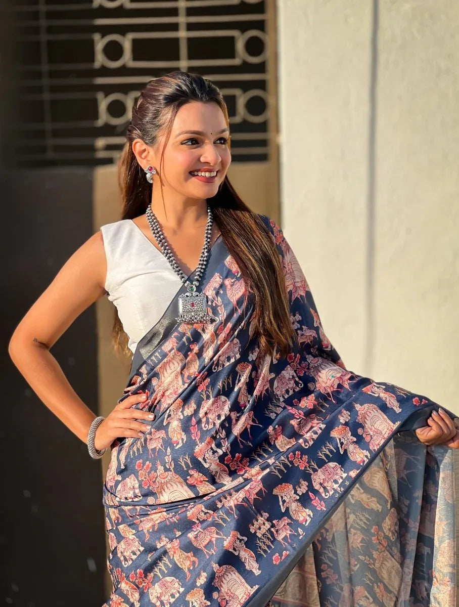 Blue Tussar Silk Saree With Blouse Piece - EZBER