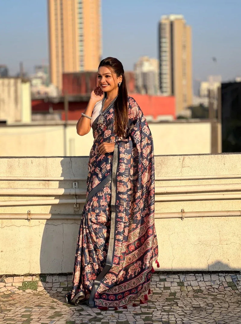 Blue Tussar Silk Saree With Blouse Piece - EZBER