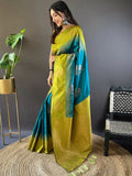 Blue With Green Soft Silk Saree With Blouse Piece - EZBER