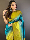 Blue With Green Soft Silk Saree With Blouse Piece - EZBER