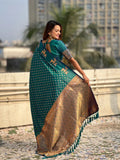 Bottle Green Silk Blend Saree With Blouse Piece - EZBER